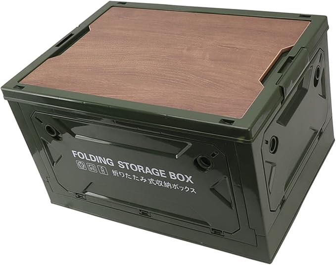 Folding Camping Storage Box with Wooden Lid Storage Bin Container with Wheels for Car Camping Picnic
