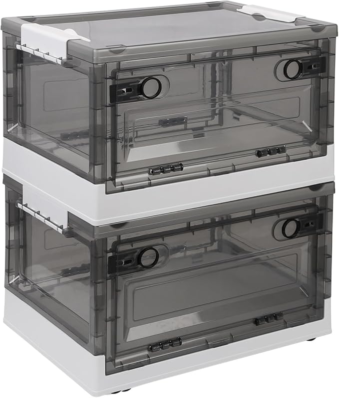 2-Pack Foldable Storage Bins with Double Doors and Wheels Stackable Box