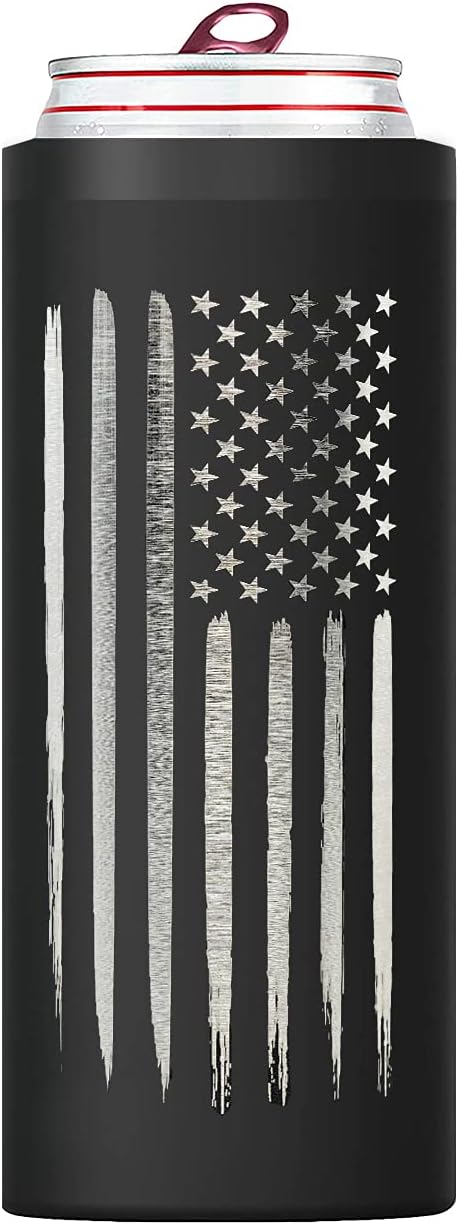 American Flag Skinny Can Cooler for Slim Beer &amp Hard Seltzer Cans | 12oz Stainless Steel Insulated Tall Can Cooler – Gifts for Veterans