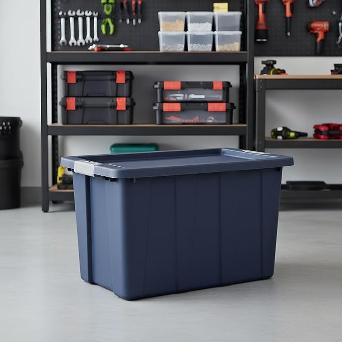 30 Gallon Heavy-Duty Storage Tote with Locking Lid | Rugged Plastic Storage Bin for Garage Basement &amp Attic Organization | Extra-Large 30 Gal Capacity Stackable Design - Dark Blue
