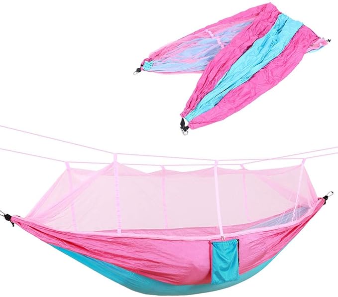 260x140cm Lightweight Outdoor Mosquitoes Net Hammock Camping Swing with Rollover Prevention(260cm-Pink and Sky Blue)