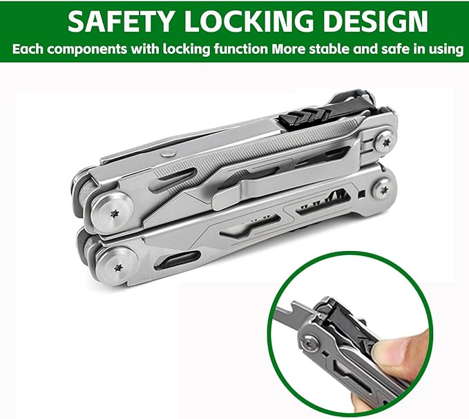 Multitool with Pocket Knife 28-in-1 Stainless Steel Needle Nose Pliers with Screwdrivers Self-locking Multi tool EDC Gear with Sheath Ideal for Survival Outdoor Camping