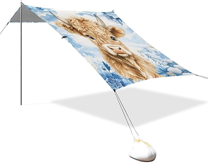 ALAZA Watercolor Highly Cow Blue Flower Beach Tent Sun Shelter Portable Canopy Sunshade for Outdoor Camping Picnics Backyard Fun 10x9 ft