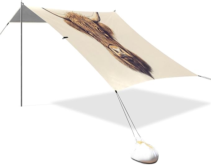 Highland Cow Portrait Beach Tent Sun Shelter Set UPF50+ UV Protection 10.5 x 9.19 FT Camping Shade Canopy with Sandbags Sand Anchors Carrying Bag and Others