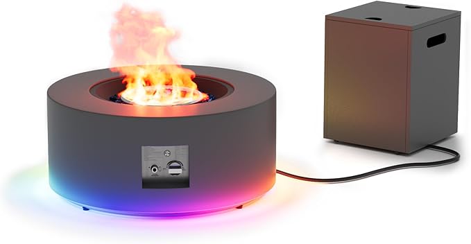 2-Piece 30 LED Round Propane Fire Pit for Outside Patio with Hidden Tank Table 50000 BTU Fireplaces with Lid Glass Rocks Cover(Dark Grey w/RGB Light)