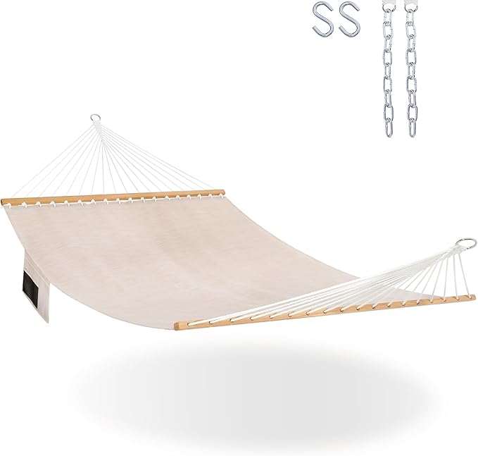 Lazy Daze Hammocks 11 FT Double Outside Hammock Quick Dry Olefin Fabric Hammock with Spreader Bar &amp Side Pocket for Outdoor Poolside Backyard 450 lbs Capacity Beige