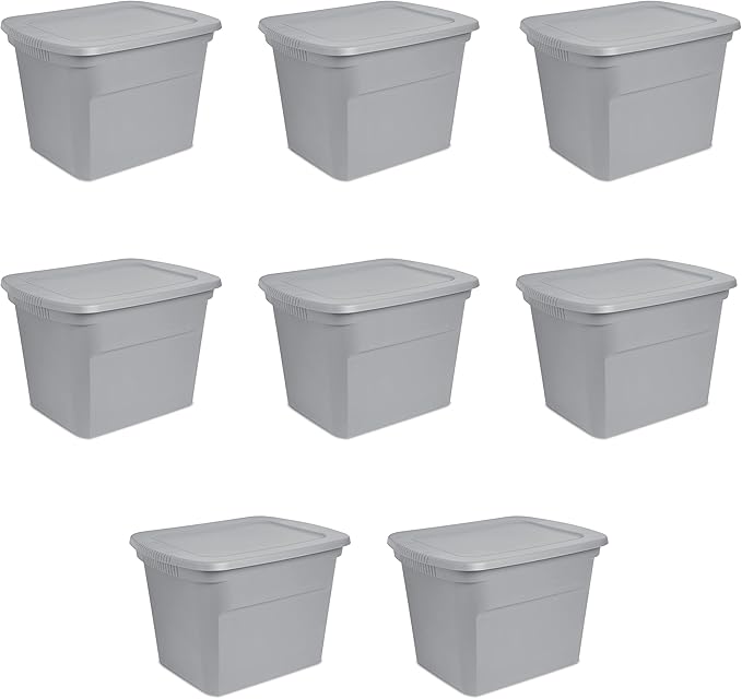 Sterilite 18 Gal Storage Tote Stackable Bin with Lid Plastic Container to Organize Clothes in Closet Basement Gray Base and Lid 8-Pack