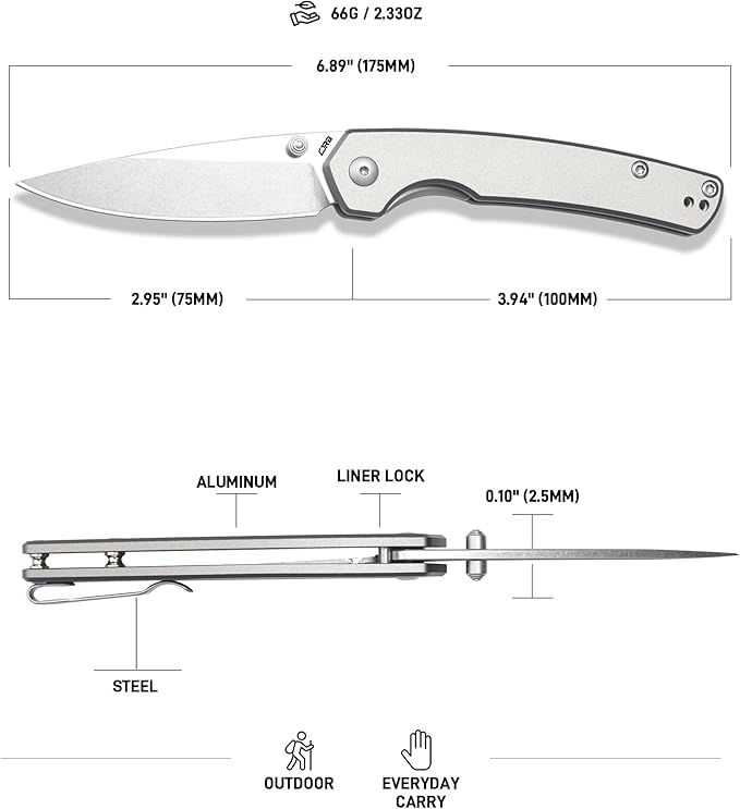 CJRB Kain Pocket Knife 2.95'' AR-RPM9 Steel Blade Aluminum Handle Small EDC Knife with Pocket Clip for Camping Hiking Survival Designed by Sanford Owen(J1956)