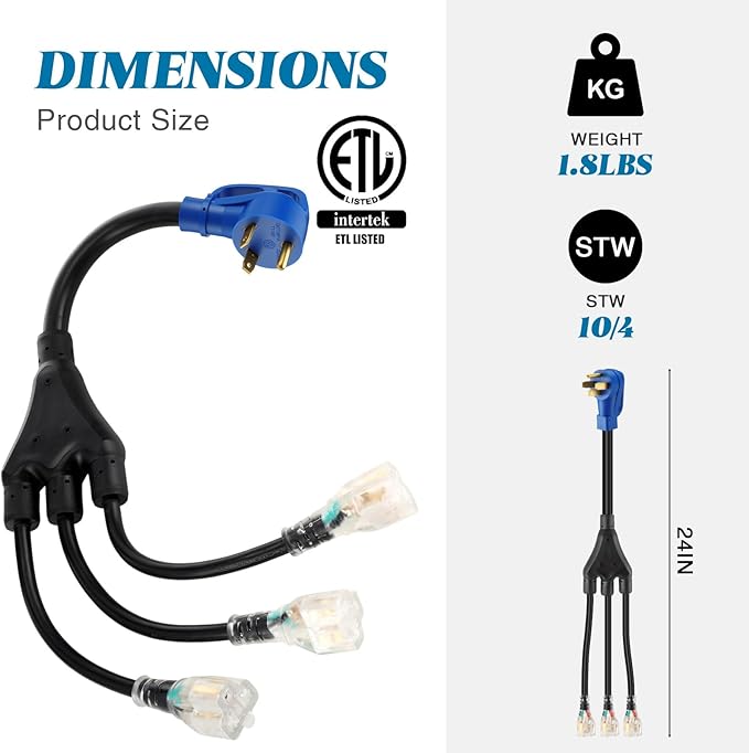 Kanayu 30A to 110V 15/20A RV Generator Adapter Cord Compatible with NEMA TT-30P to 3 x 5-15R/5-20R or 6-15/6-20R 3 Prong Generator Plug to 3 Prong 15/20A Household Regular Connector 2FT ETL Listed