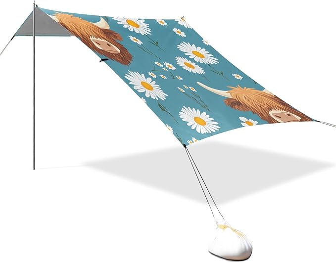 ALAZA Highland Cattle Daisy Pattern Beach Tent Sun Shelter Portable Canopy Sunshade for Outdoor Camping Picnics Backyard Fun 10x9 ft
