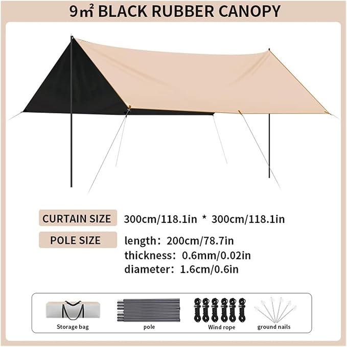 1 Apricot-Colored Black Canopy Camping Tent Outdoor Gear for Beach Park and Wilderness Sunshade and Rainproof Shelter(9 Square Meters)