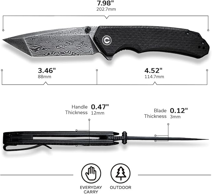 CIVIVI Brazen Pocket Knife3.5-Inch Tanto Damascus Folding Knife Micarta Outdoor Camping Hiking Knife with Thumb Studs and Flipper OpenerUnique Tool Gift for EDC Men Women C2023DS-1