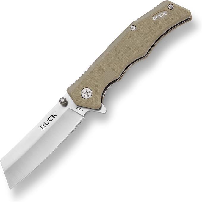 Buck Knives 252 Trunk Folding EDC Knife 3-3/4” Pocket Knife Cleaver Blade G10 Handle 7Cr17MoV Steel Cleaver Folding Blade Tan 3.1 oz