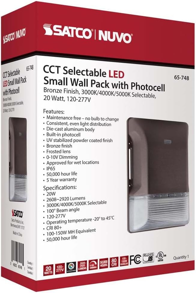 Nuvo 65/748 20W Outdoor LED Small Wall Pack Dusk to Dawn CCT-Selectable 3000K/4000K/5000K Bronze