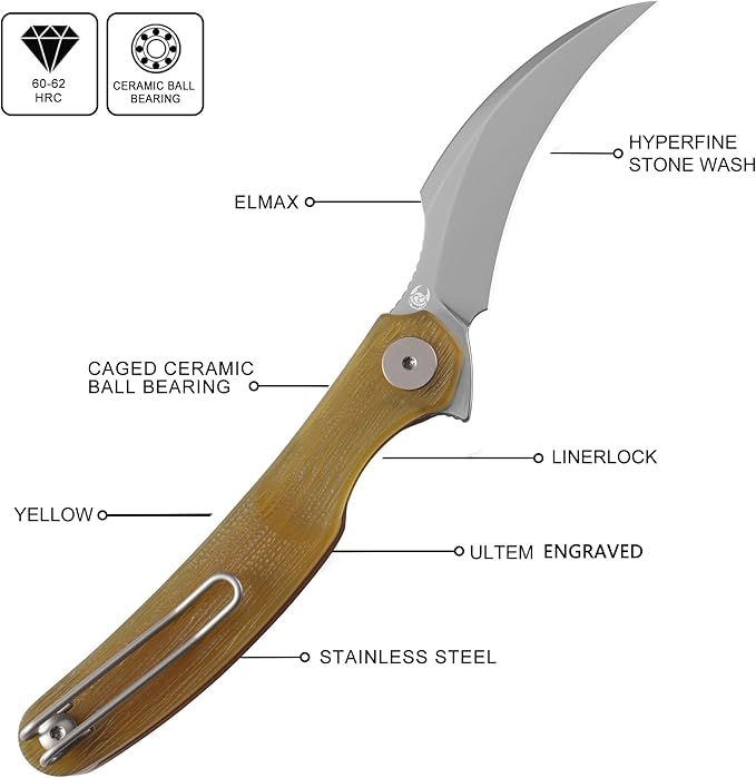 Mantis Flipper Pikal Knife2.52 ELMAX Blade Folding KnifeHandmade Engraved Titanium Handle 4.2 EDC Pocket Knife (Yellow Engraved-Hyperfine Stonewashed)
