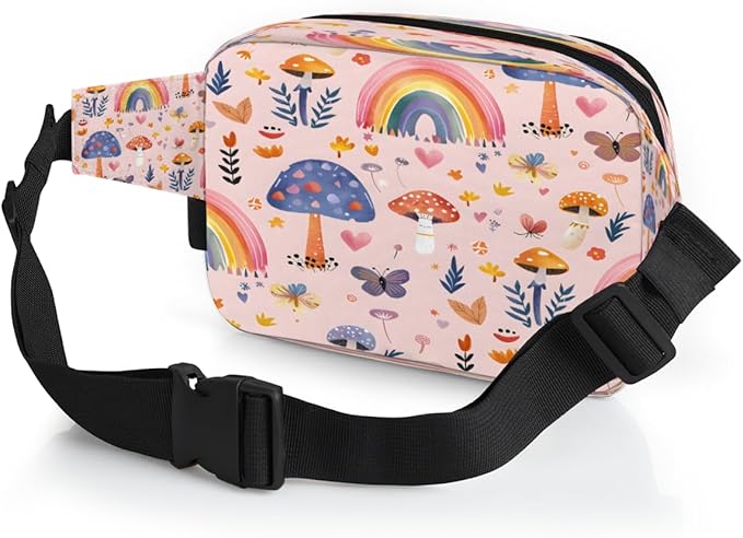 Hand Painted Mushroom Butterfly Flower Waterproof Fanny Pack for Women Men Adjustable Waist Bag with Double Zipper Pockets Lightweight Square Hip Pack for Running Travel Hiking Workout Cycling