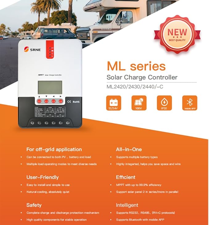SRNE 20A MPPT Solar Charge Controller 12V/24V Battery Voltage Auto Identify 100V PV Input ML Series ML2420 Charge &amp Discharge Controller