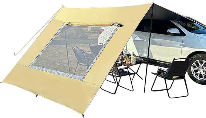 Car Awning – 48x28cm Oxford Mesh Black/Khaki Vehicle Shade Shelter Tailgate Canopy Cover Window Vent Screen | Ideal for Camping Roadside Rest Fishing Lakeside Shade Hiking Trail Breaks Beach