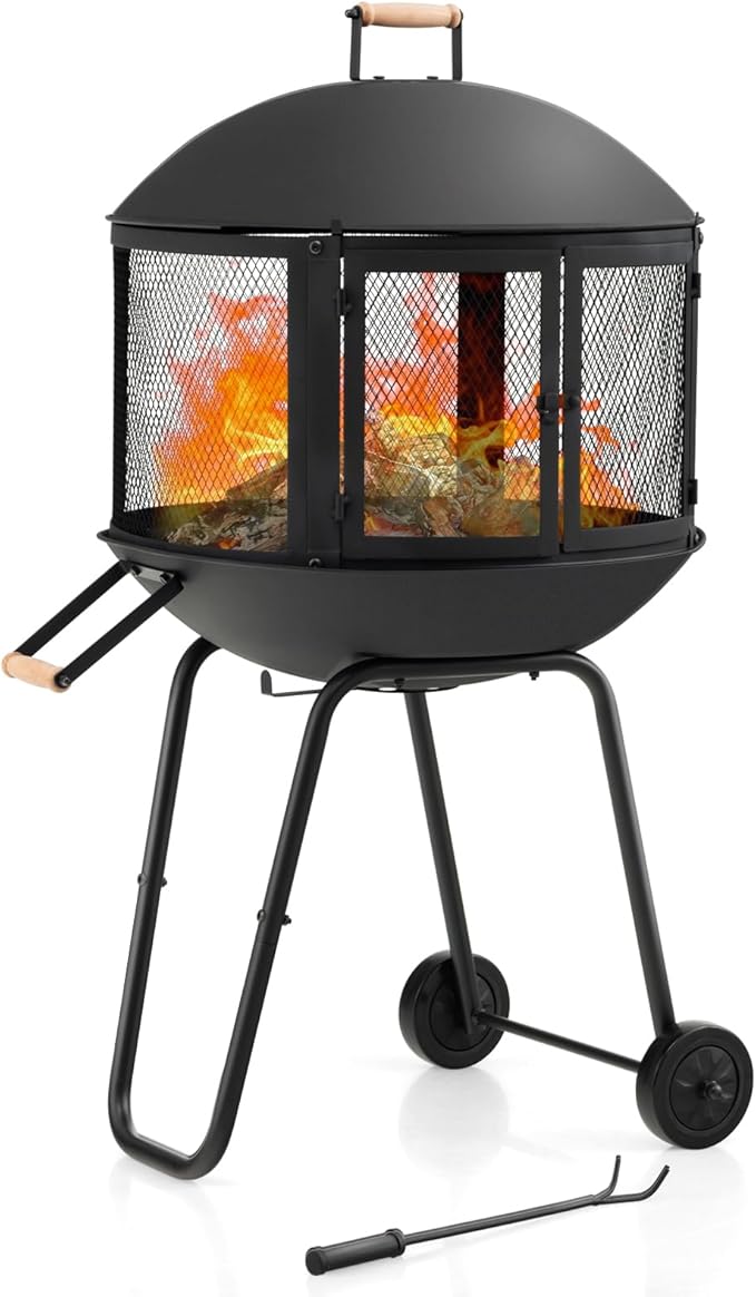 Giantex 28 Portable Fire Pit on Wheels Outdoor Mobile Wood Burning Firepit w/Log Grate Fire Poker Heavy-Duty Steel Frame &amp Solid Metal Top 2-Door Gate Rolling Fire Pits for Entertaining Camp