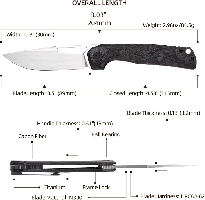 Pocket Knife 3.5 M390 Blade Folding Knife Hunting Knife Survival Knife with Pocket Clip EDC Knives for Hunting Camping Survival Outdoor Fishing Hiking (Copper&ampGrey)