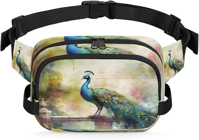 Elegant Watercolor Peacock Waterproof Fanny Pack for Women Men Adjustable Waist Bag with Double Zipper Pockets Lightweight Square Hip Pack for Running Travel Hiking Workout Cycling