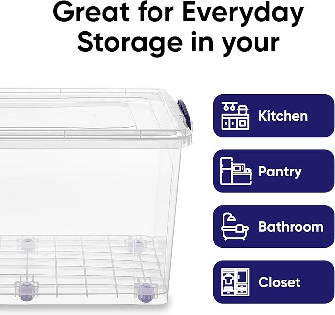Superio 44 Qt Clear Plastic Storage Bin with Lid and Wheels Non-Toxic BPA Free Odor Free Organizer Storage Box Stackable Plastic Tote for Home Garage Closet