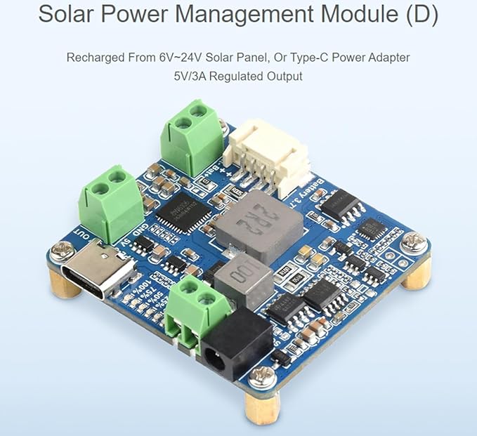 Waveshare Solar Power Manager Module (D) Supports 6V~24V Solar Panel and Type-C Power Adapter 5V/3A Regulated Output for Raspberry Pi/Jetson Nano with Battery Holder (Batteries Not Include)