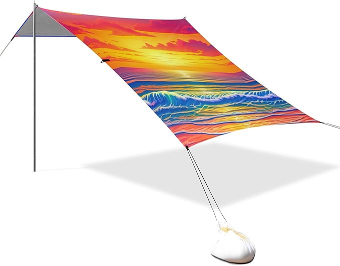Beach Canopy with Windproof Ropes &amp Sandbags Beach Tent Sun Shade Sun Shelter for Camping Trips Fishing Backyard Fun or Picnics Sunset