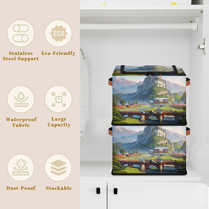Cartoon Hills Storage Bins with Zipper Lid Collapsible Storage Bags Closet Organizer Leather Handles Foldable Storage Baskets Boxes with Leather Handles for Nursery Bedroom Clothes Toy