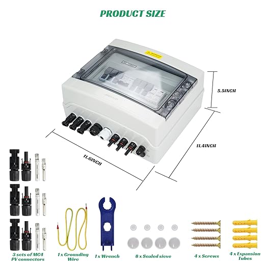 3 in 1 Out Solar Combiner BoxPV Combiner Box with 20A PV FuseDC 63A Circuit Breaker and Surge ProtectorIP65 Solar Disconnect Switch Box for Indoor Outdoor Solar Panel System (3 in 1 Out 20A 1000V)