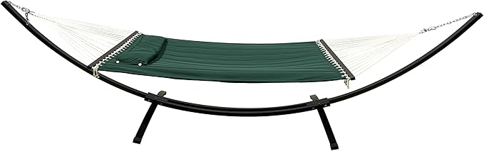 15 Ft. Indoor/Outdoor Heavy Duty Black Steel Arc Hammock Stand &amp Premium Quilted Hammock Bed w/Pillow.(Elegant Green)