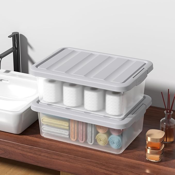 Clear Storage Bin with Lid Plastic Stackable Container Organizer Medium-14 Quart Grey 2 Pack
