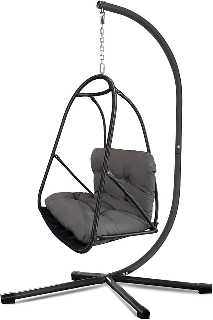Swing Egg Chair with Stand Indoor Outdoor Wicker Rattan Patio Basket Hanging Chair with C Type Bracket with Cushion and PillowPatio Wicker Folding Hanging Chair(Special Construction Cup Holder
