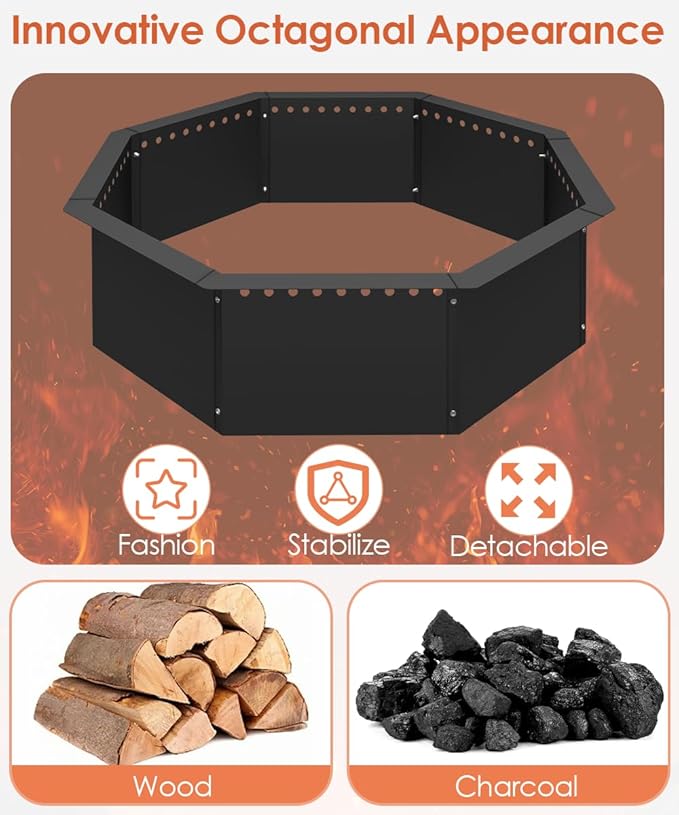 Mocomax Smokeless Fire Pit Ring 40-Inch Outer 36-Inch Inner Diameter Large Solid Steel Firepit Liner for Outside Wood Burning DIY Campfire Ring Above or In-Ground for Outdoor Octagonal