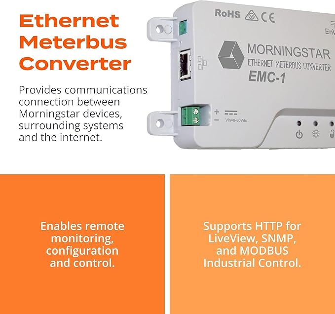 Morningstar Ethernet MeterBus Converter (EMC-1) - MeterBus Converter Connects Solar Controllers for Enhanced Data &amp Network Features SNMP Modbus SCADA Remote Monitory &amp Connectivity