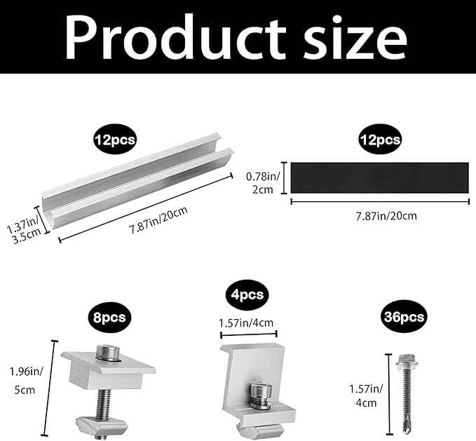Solar Panel Bracket Kit 12 Pcs Aluminium Mounting Rail 200mm Solar Panel Mount 30mm/35mm Z-Bracket Set Center Clamps Solar Mounting Rail Connector for Metal Roof Tin Roof Flat Roof Sheet Roof