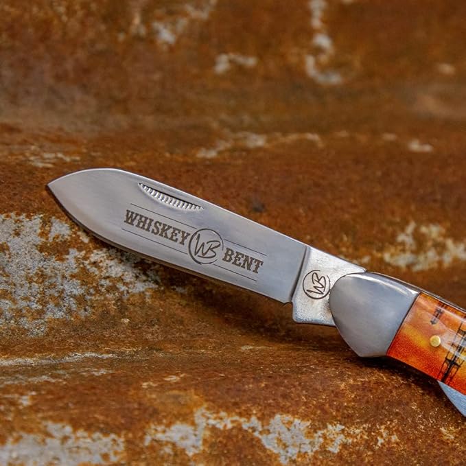 WHISKEY BENT HAT CO. Traditional Canoe Folding Knife 3.63 Closed Length 440C Stainless Steel Blades (Pump Jack Sunset)