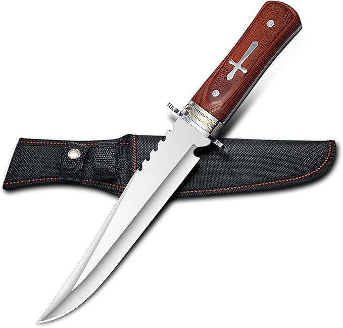 12.7 Fixed Blade Survival Knife with Sheath - Heavy Duty Stainless Steel Bowie Knife for Camping Hunting &amp Bushcraft - Large Solid Wood Handle Outdoor Tool with Sawback
