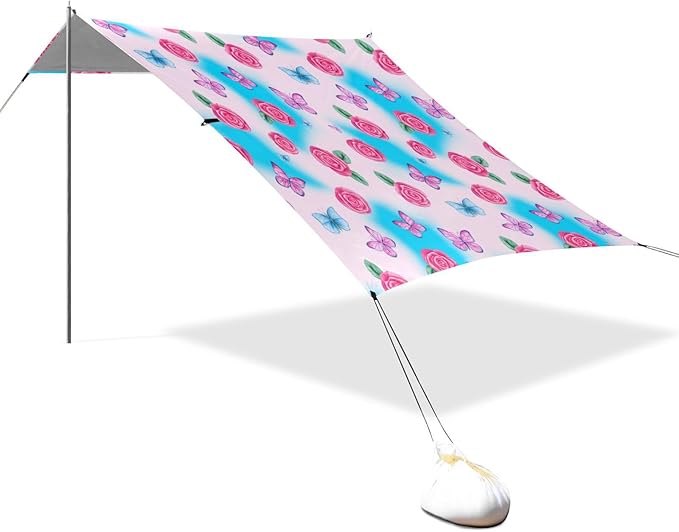 xigua Butterflies Beach Tent Sun Shelter with Carrying Bag - Silver Coated Oxford Fabric Beach Canopy for Beach Camping Fishing - Includes Windproof Ropes Sandbags &amp Stakes