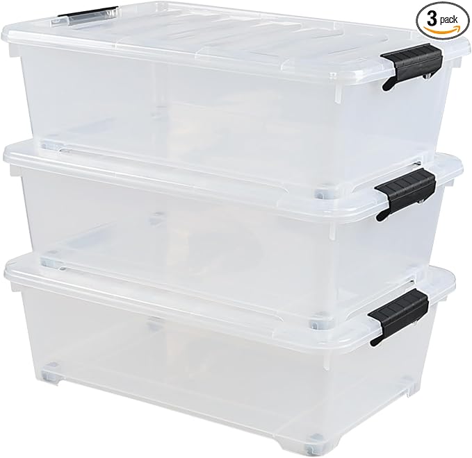 Gloreen 20 Quart Lidded Storage Bins with Wheels Clear Plastic Under Bed Storage Boxes 3 Pack