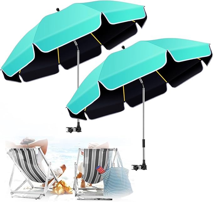 2Pack 48.8 inch Large Beach Umbrella with Clamp Sun Shade for Beach Chair 360°Adjustable UV Protection Golf Umbrella with Clip for Outdoor Stroller Wheelchair Camping Chair