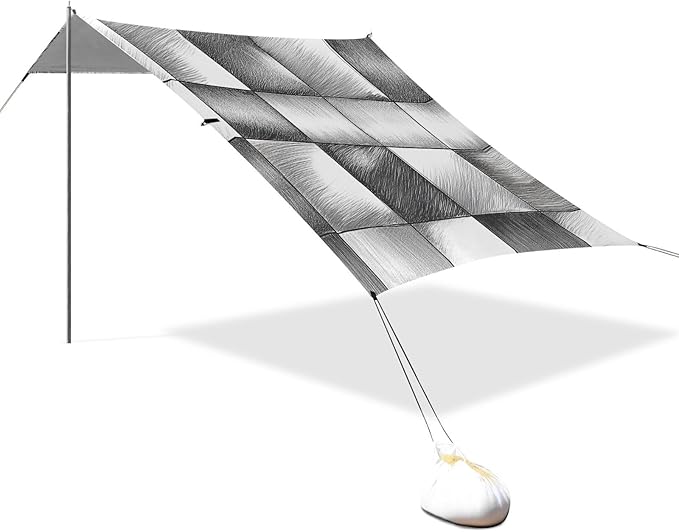 Silver Checked Hand-Drawn Sketch Beach Cabana UPF50 Easy Setup Portable Sun Shelter with Sandbags Sand Shovel Poles for Backyard and Camping