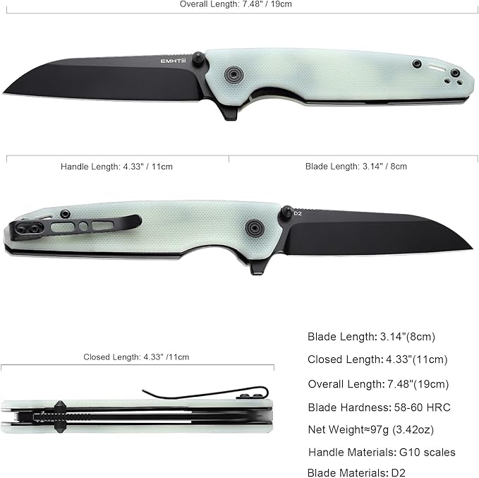 D2 Steel Folding Pocket Knife with Reversible Clip: 3.14 Black Sheepsfoot Blade Liner Lock G10 Handle Small EDC Flipper Knives Camping Tool for Man &amp Women Transparent Green