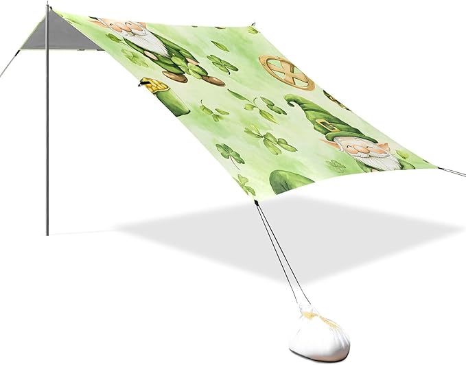 St. Patrick's Day Beach Canopy Sun Shelter with Sandbags &amp Sand Shovel &amp Windproof Ropes - Portable 110x126 Beach Shade Beach Tent for Camping Picnics