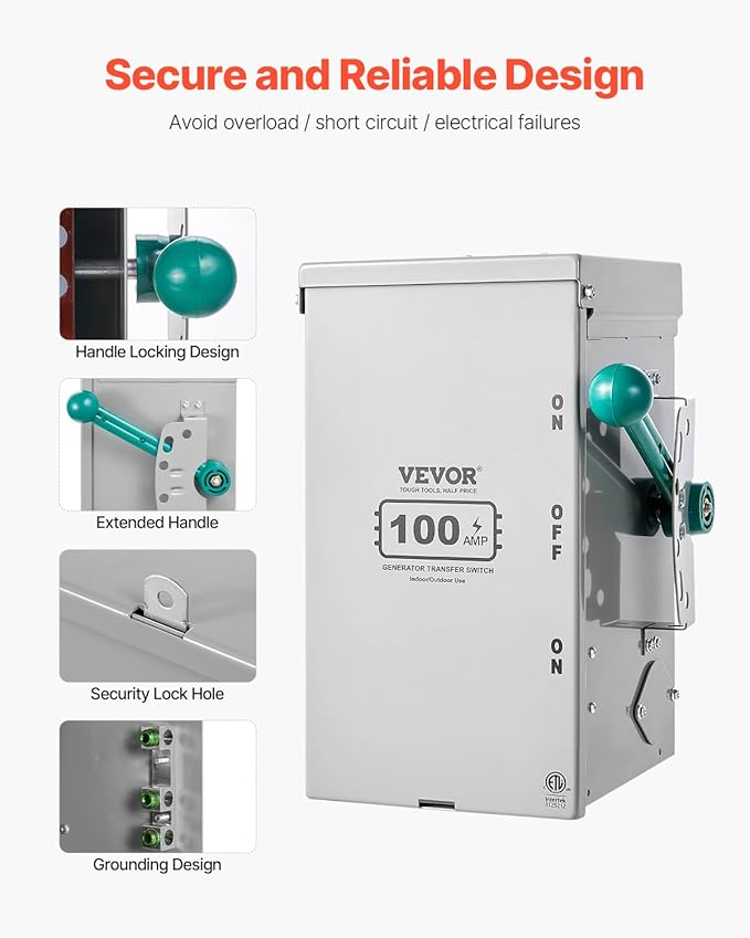 VEVOR 100A Manual Transfer Switch Generator Transfer Switch for Home 24000W Double-Throw Safety Switch NEMA 3R Outdoor/Indoor ETL Certified