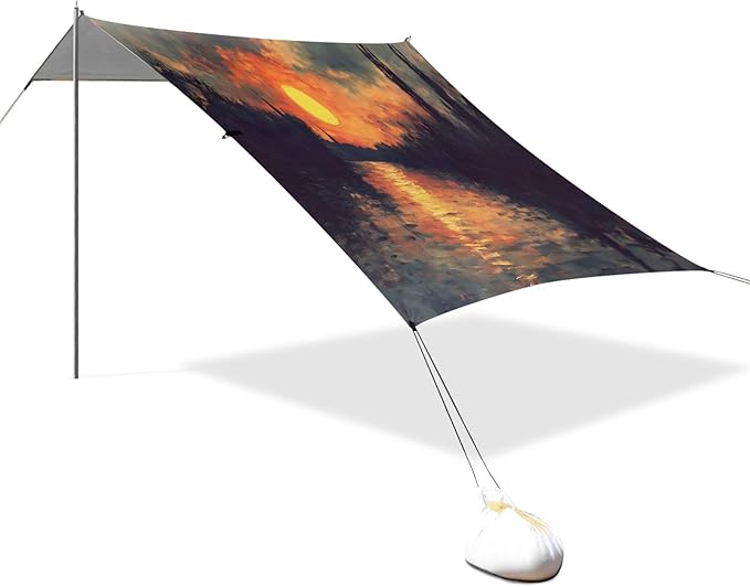 Oil Painting Sunset River Beach Tent Sun Shelter Set UPF50+ UV Protection 10.5 x 9.19 FT Camping Shade Canopy with Sandbags Sand Anchors Carrying Bag and Others