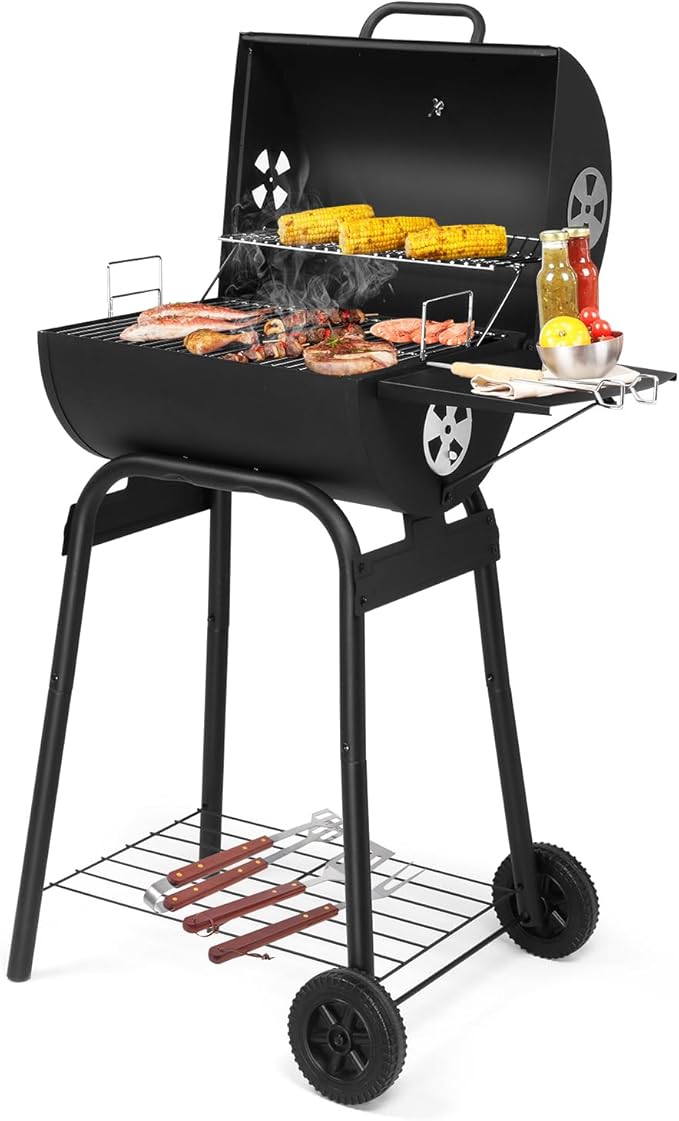 Outvita Barrel Charcoal Grill with Warming Rack Outdoor BBQ Grill with Side Table with Nearly 268 Sq.In. Cooking Grid Area for Backyard Patio Picnic Parties Camping Black