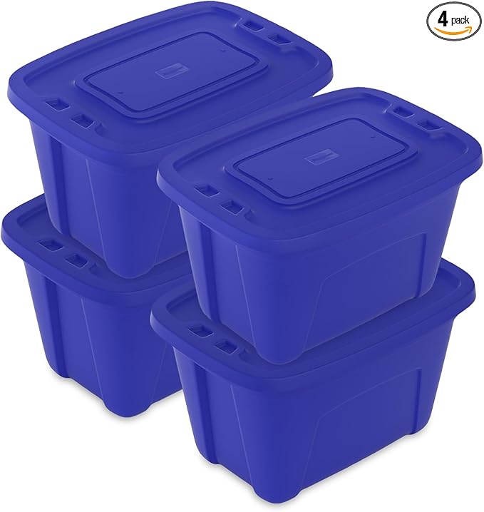 Storage Bins with Lids - Made in USA 18-Gallon (72-Quart) 4-Pack Storage Totes with Lids Plastic Stackable Containers Large Storage Boxes for Home and Office Organization Blue/Blue