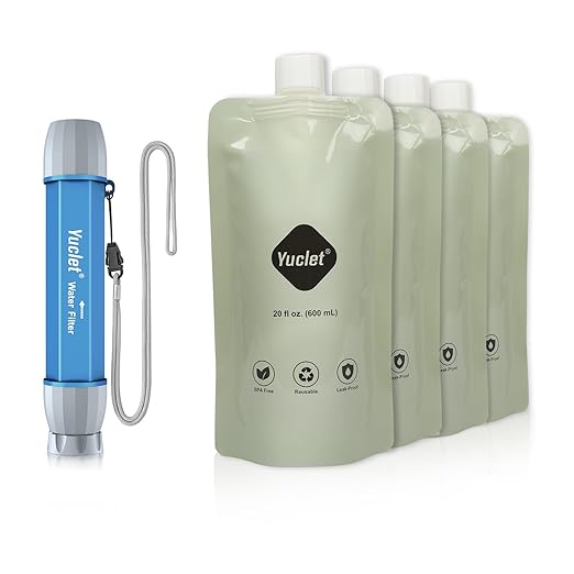 Yuclet Squeeze Water Filtration System with Four 20-Oz Squeeze Pouches and 0.1 Micron Filter Straw Portable Water Purifier Survival for Camping Hiking Backpacking and Emergency Preparedness