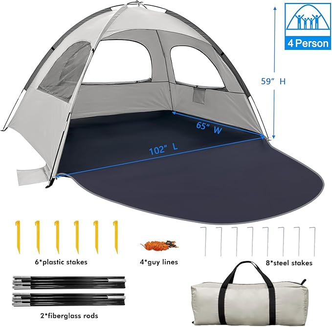 WhiteFang Beach Tent Anti-UV Portable Sun Shade Shelter for 3/4/6/8 Person Extendable Floor with 3 Ventilating Mesh Windows Plus Carrying Bag Stakes and Guy Lines